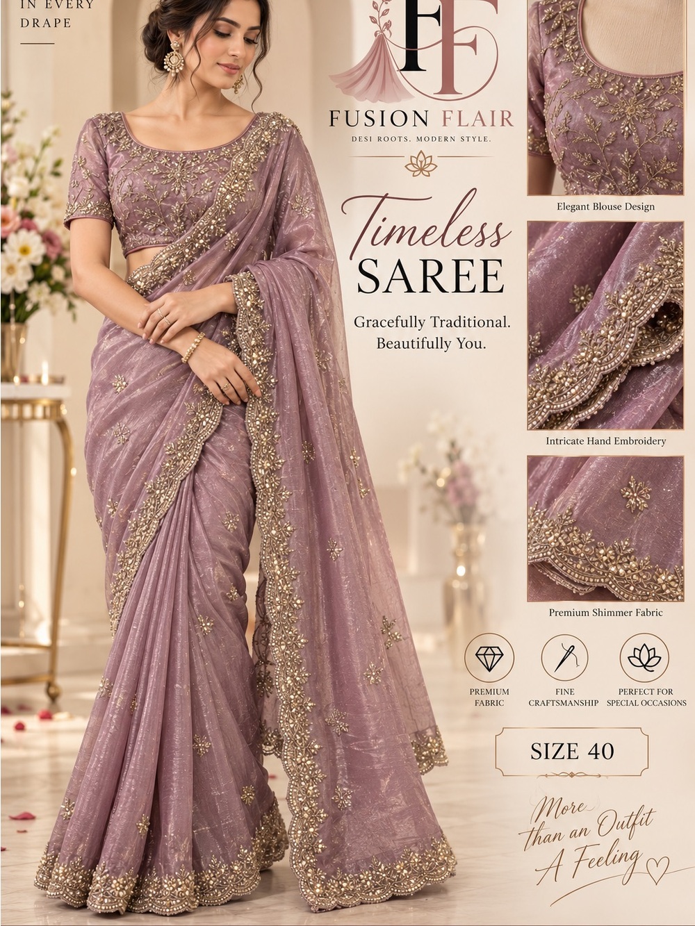Lavender Embellished Saree with Blouse Size 40